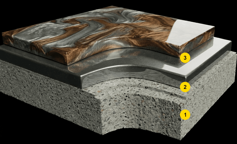 Metallic epoxy floor showing flowing patterns