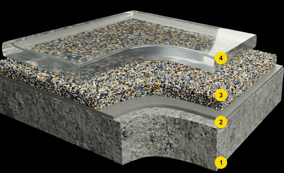 Quartz epoxy floor system layers